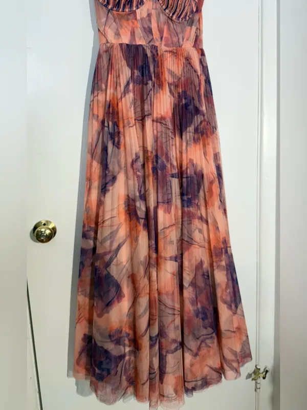 Hutch Floral Pleated Tulle Sweetheart Maxi Dress in Pink and Purple - Image 12