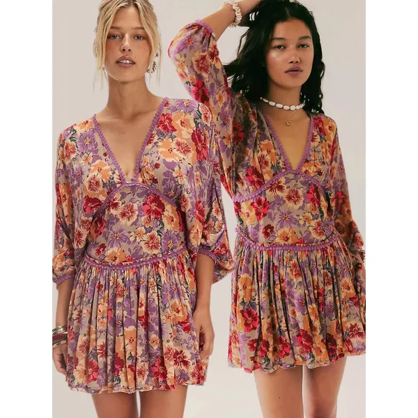 Free People Bohemian Sweet Dreams Mini Dress Lavender Floral Lace Medium - Image 2