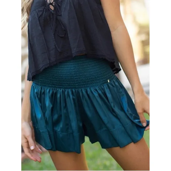 Natural Life NWT Boho Teal Smocked Satin Flowy Shorts M Cottagecore - Image 2