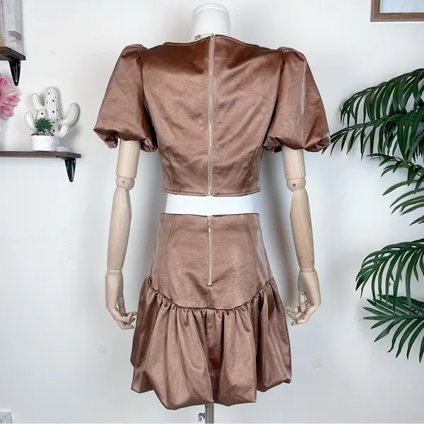 Elliatt Doris BrownPuff Sleeve Keyhole Crop Top & Mini Skirt Two Piece Set Small - Image 7