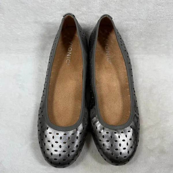 Vionic Caroll Ballet Flat Gunmetal Metallic Perforated Leather Orthotic Shoes 7 - Image 3