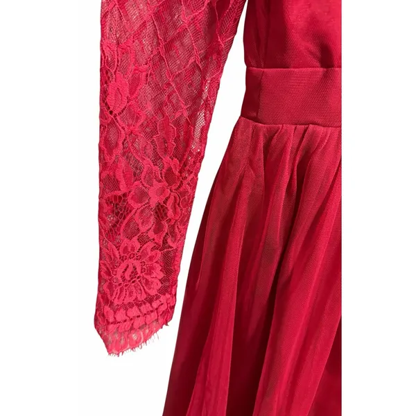 Little Mistress Lace Long Sleeve High Neck Maxi Dress‎ Red Women's Size 6 - Image 12