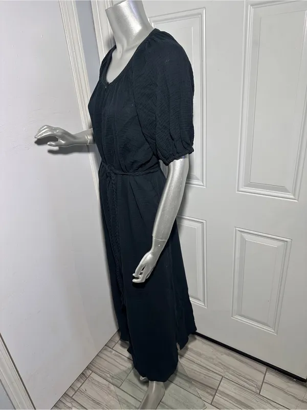 Marine Layer Erin Shirt Dress M Black Cotton Gauze Button Front Midi Puff Sleeve - Image 4
