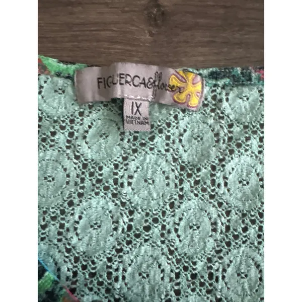 Figueroa & Flower Blue Green Paisley Lace Crochet Bell Sleeve Top 1X - Image 4