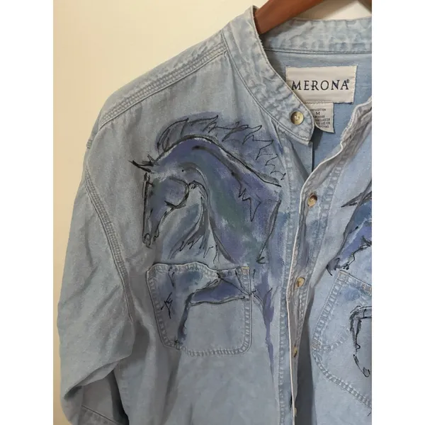 Vintage Denim Shirt Womens M Handpainted Horses Button Down Long Sleeve Merona - Image 3