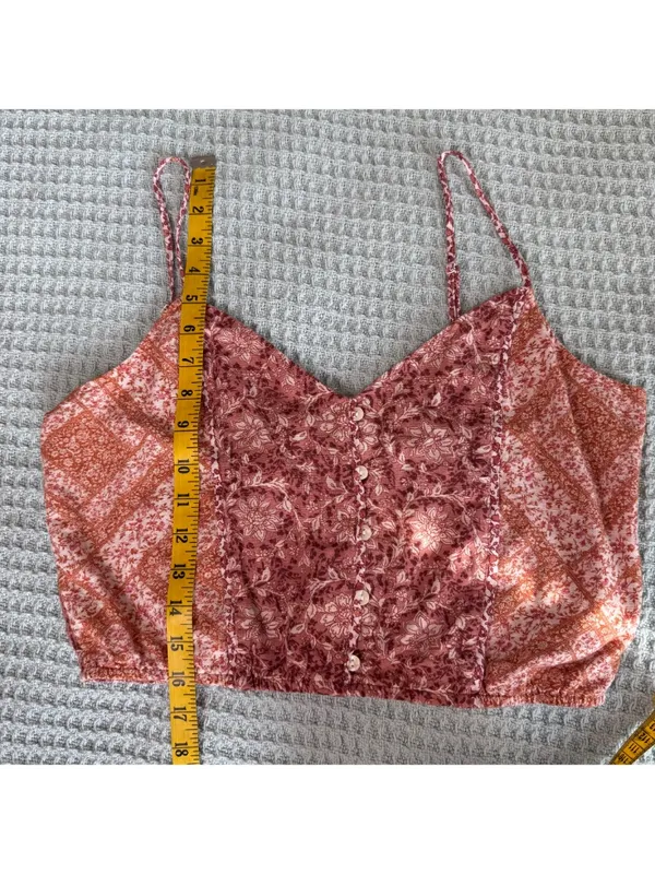 American Eagle Linen Blend Cropped Tank Top Women Medium Pink Orange Floral Boho - Image 7