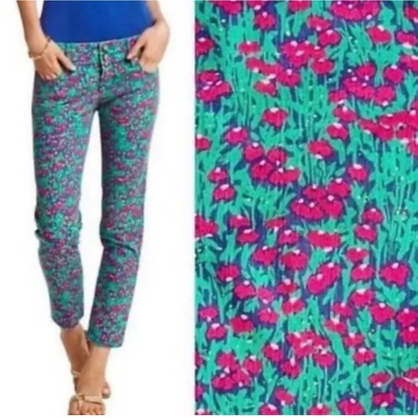 Lilly Pulitzer Worth Skinny Mini Pants Green Pink Floral Ankle Size 0 - Image 2