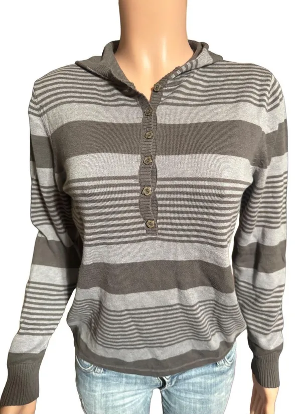 Long sleeve gray stripe half button Henley hoodie sweatshirt top M - Image 2
