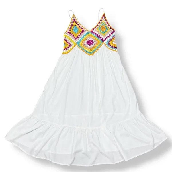 Raviya Crochet Bodice Top‎ Tiered Boho Midi Dress Cover Up White Multi Medium - Image 13