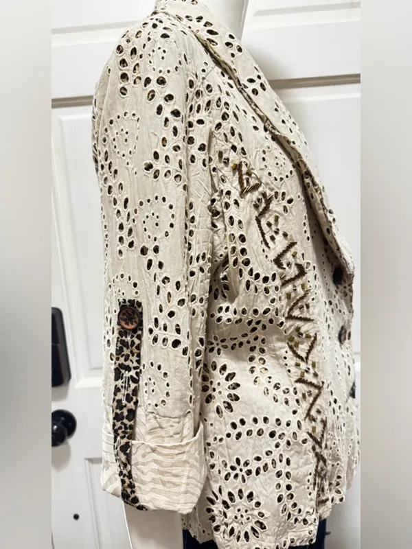 Alberto Makali Eyelet Cotton Embroidered Button-Front Jacket in Cream C-28 - Image 6