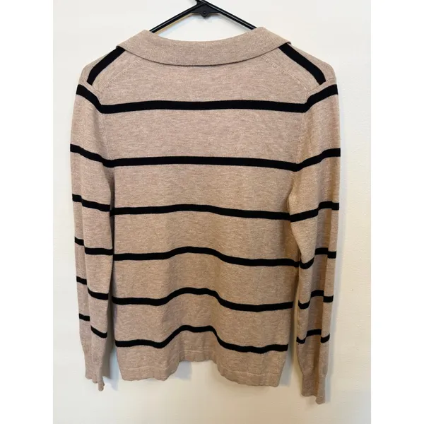 Bobeau Polo Sweater Women S Tan Black Excellent Striped V-Neck Knit Top - Image 6