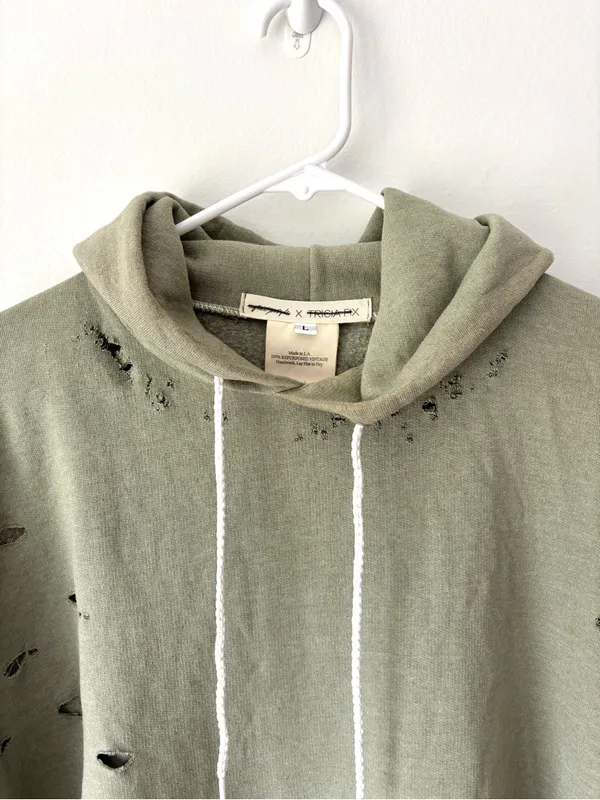 Free People x Tricia Fix Green Short-sleeve Hoodie Distressed Holes Black Stitch - Image 3