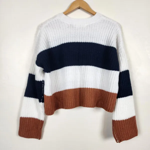 Moon & Madison Cropped Knit Pullover Sweater Beige Brown Oversize Preppy Medium - Image 2