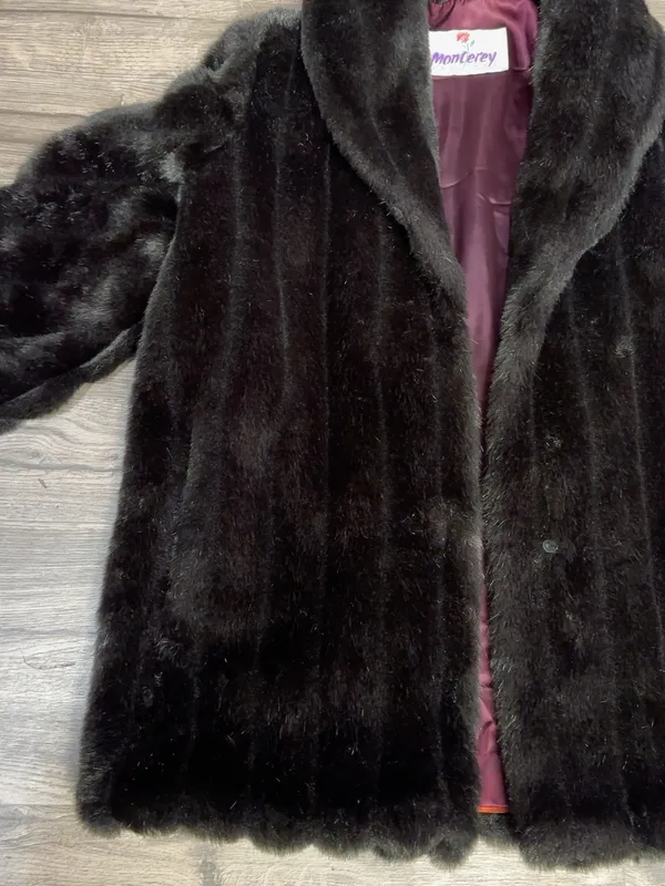 Vintage Monterey Fashions Faux Fur Coat Black Dark Brown Burgundy Lining SZ 12 - Image 5