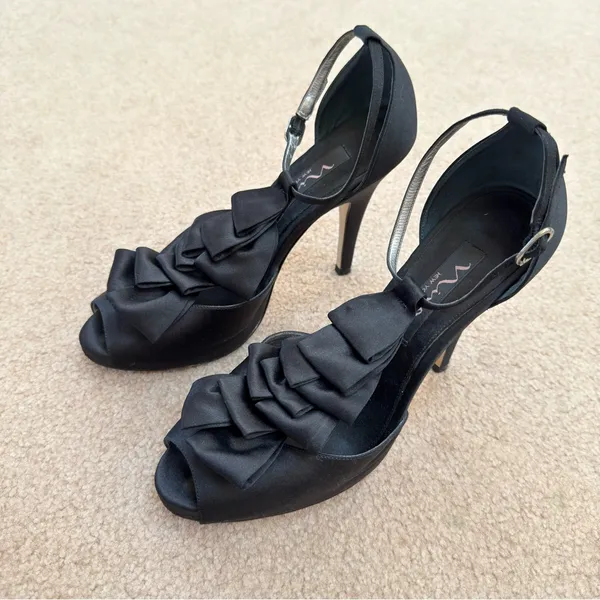 Nina Elga Black Satin Ruffle Platform Peep-Toe Stiletto Heels 7 - Image 3