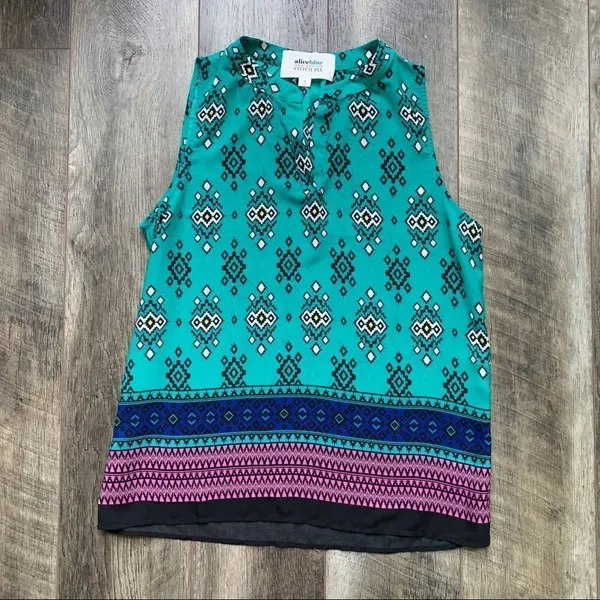 Alice Blue for Stitch Fix Teal Diamond Boho Sleeveless Blouse V-Neck Medium - Image 4