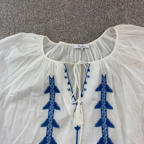 Parker NY Woman's M White Blue Embroidered Tassel Tie Neck Cotton Tunic Top Boho - Image 2