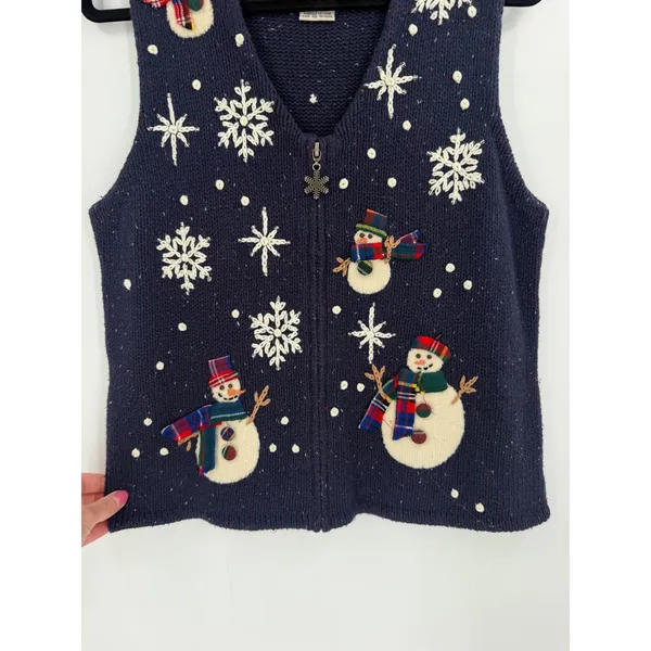 TimberLea Sweater Vest M Blue Snowman Snowflake Zip Up Grandmacore Christmas - Image 5