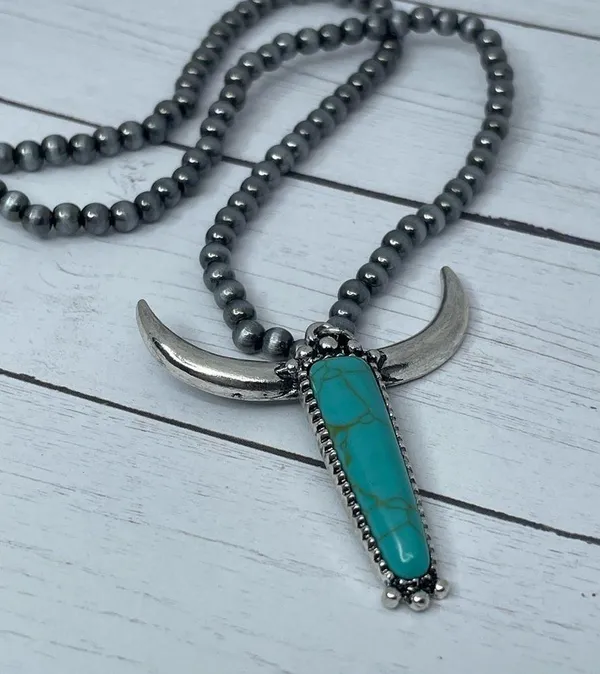 New Blue and Silver Longhorn Pendant on 18” Beaded Navajo Style Chain - Image 8