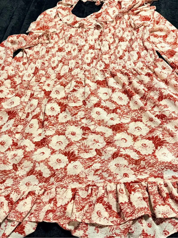 Free People Floral Red and Cream Ruffled Dress - Image 2