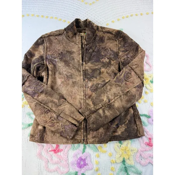 True Grit Dry‎ Goods Womens Brown Floral Fleece Full Zip Jacket Mock Neck Large - Image 2