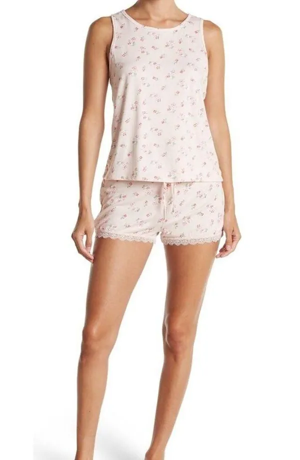 Flora Nikrooz Pink Floral Print Tank Top and Shorts 2 Piece Pajama Set NEW - Image 2
