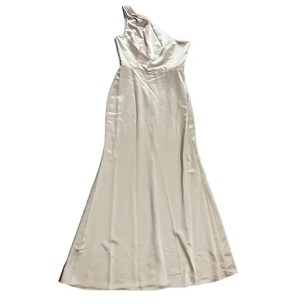 NWT LOVELY Shirred One-Shoulder Satin Trumpet Dress‎ sz 10 Cameo - Image 10