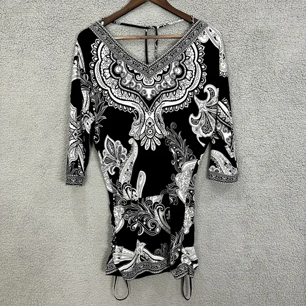 White House Black Market Mini‎ Dress Womens Small Paisley V Neck Ruched Boho Y2K - Image 3