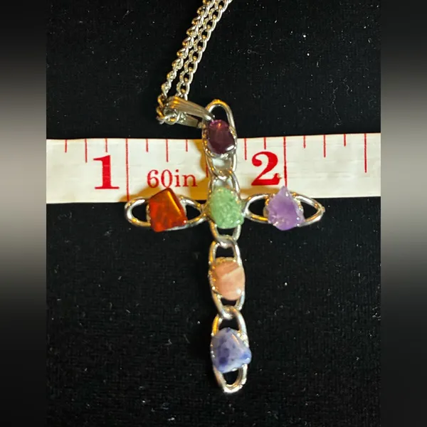 Multicolor Raw Gemstone Cross Necklace Silver tone - Image 5