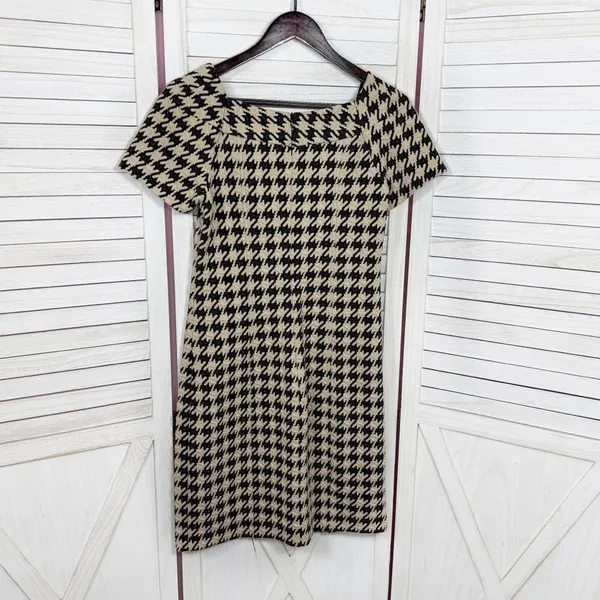 Dress Barn Houndstooth Textured Knit Cap Sleeve‎ Retro Sheath Dress Tan Black 4 - Image 8