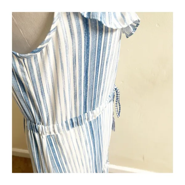 MISA Los Angeles Medium Aleja Stripe Print Linen Midi Dress White Blue Tassel - Image 10