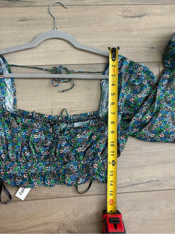 For Love And Lemons Alisa Blue Green Floral Sweetheart Long Sleeve Crop Top NWT - Image 9