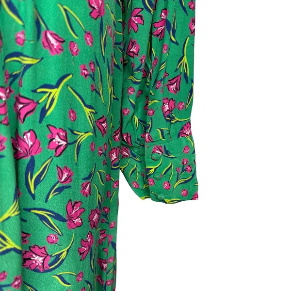 Long Tall Sally Green Button Front Midi Dress US 12 Large Shift Pink Floral - Image 6