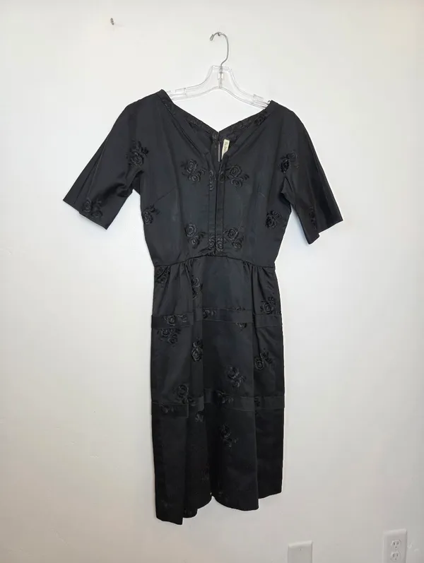 The Dressmaker Custom Dress Satin Brocade Floral Black Midi Fit N Flare Small - Image 2