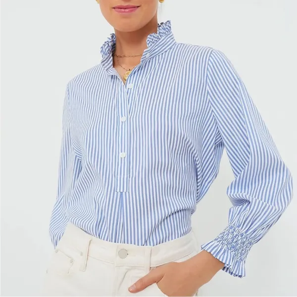 Tuckernuck Blue and White Stripe Teagan Popover Ruffle Top New Size Small - Image 6