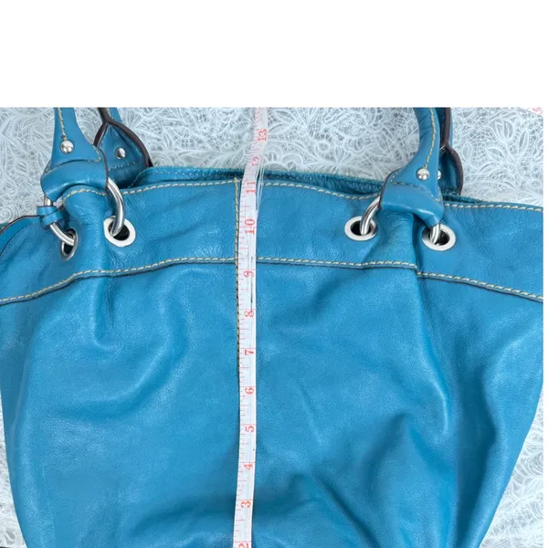 Tignanello Teal Blue Leather Tote Bag Satchel Striped Satin Lining Boho Slouchy - Image 12