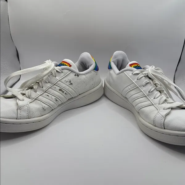 Adidas Grand Court Pride Sneakers White Rainbow Heel Women’s Size 7.5 Cloudfoam - Image 7