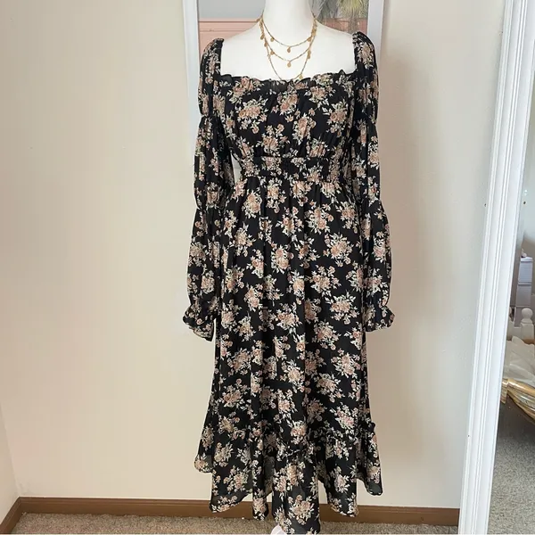 ASTR The Label Floral Cinched Long Sleeve Midi Peasant Dress Size XS - Image 3