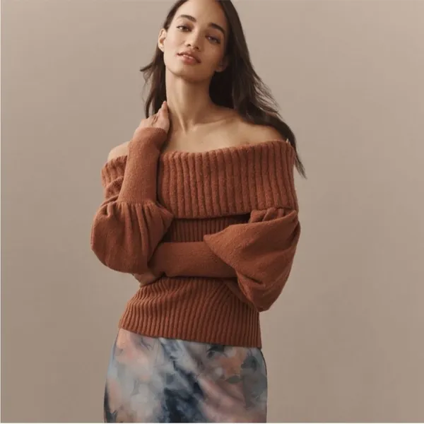 ANTHROPOLOGIE The Tessa Off The Shoulder Puff Sleeve Sweater Mauve NEW - Image 2