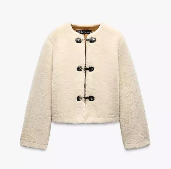 Zara Jacket coat teddy fur ivory cream cropped toggle - Image 9