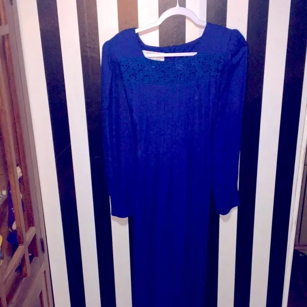 Vintage 80s Royal Blue Prairie Dress Modest Long Sleeve Size 12 Woman’s Large XL - Image 3