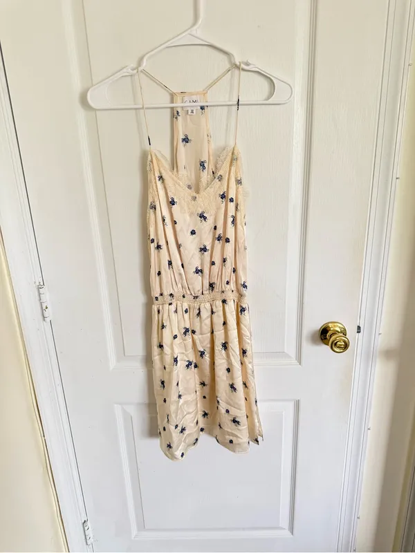 Cami NYC Silk Cream with Blue Floral Lace Trim Mini Dress - Image 2