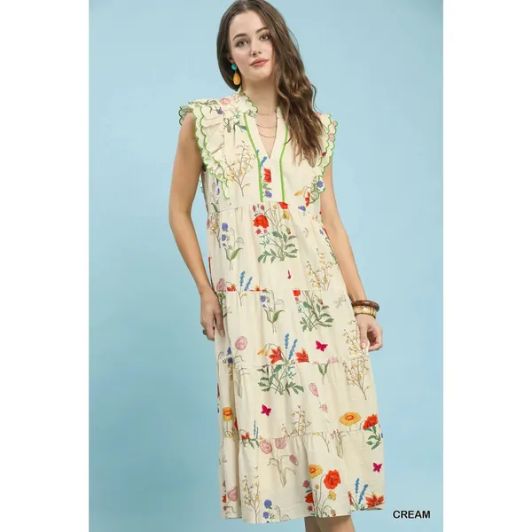 Umgee Floral Ruffle Tiered Midi Dress with Scalloped Detail - Small - Image 4