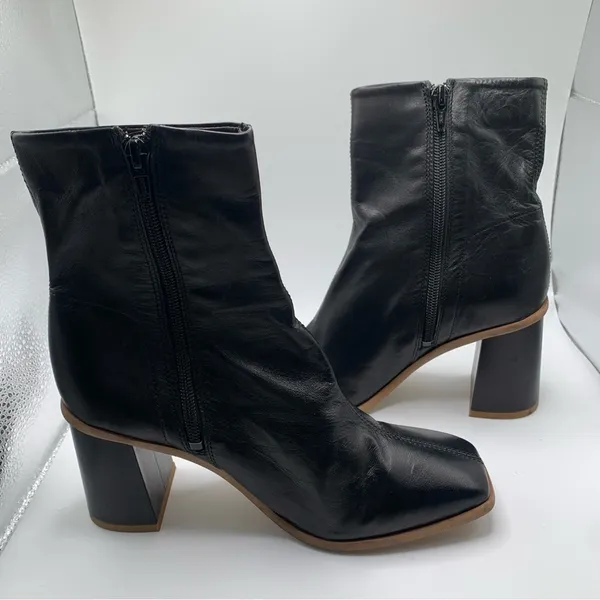Free People Sienna Ankle Boot black leather heel square toe size 37 6-6.5 1516 - Image 7