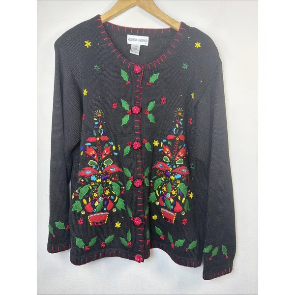 Victoria Harbour medium Embroidered Christmas Sweater Cardigan Sequin vintage - Image 2