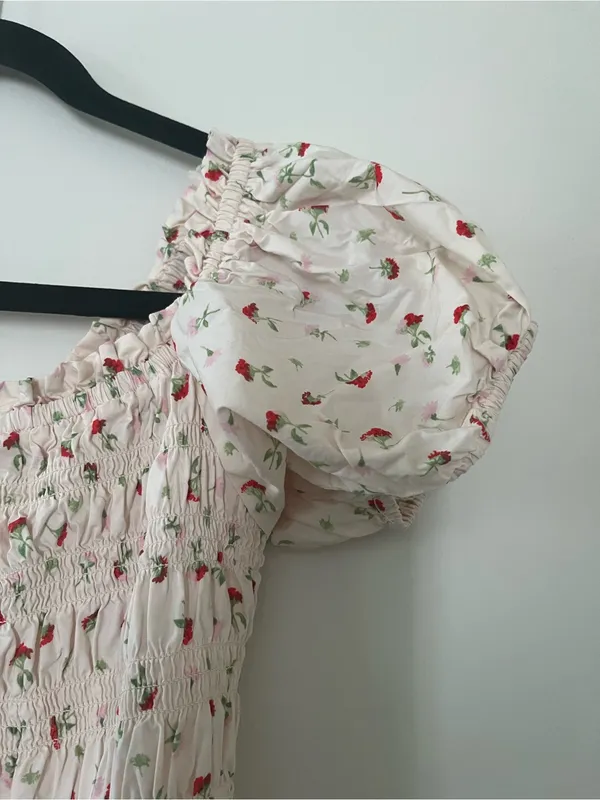 Cream Red Ditsy Floral Print Cottagecore Milkmaid Puff Sleeve Midi Dress Medium - Image 4