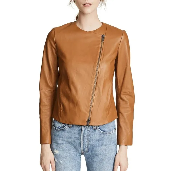 Vince Lamb Leather Moto Jacket Womens Size XS Walnut Camel Old Money Luxury Fall - Image 2