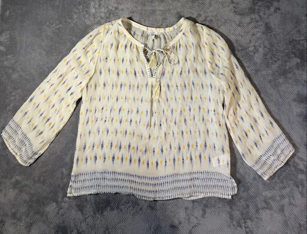 Joie Medium 100% Silk Ikat Tassel Tie Boho Peasant Blouse Ivory Blue Sheer Work - Image 2