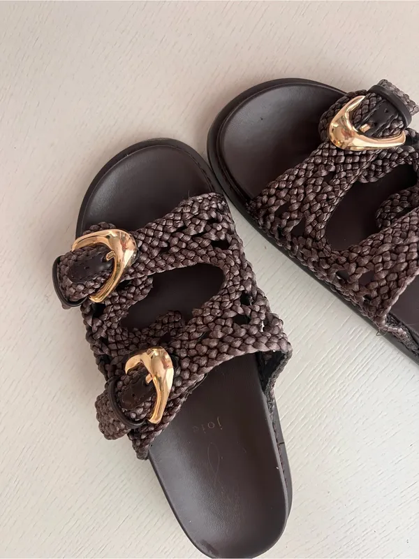 Woven Buckle Slide Sandals in Dark Brown with Gold Hardware - Image 2