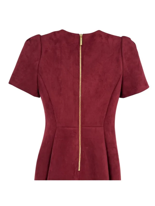 Calvin Klein Burgundy Faux Suede Sheath Dress Short Sleeve Gold Back Zip Size 2 - Image 4